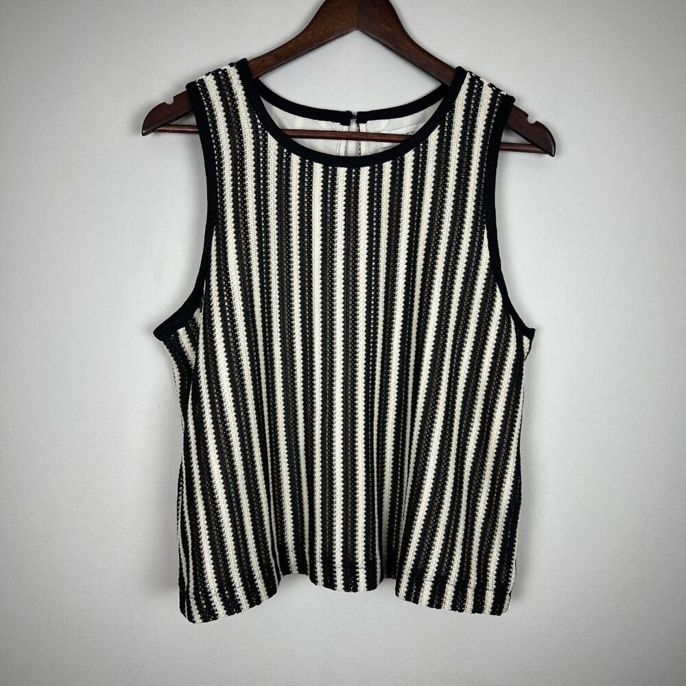 Loft Top Womens Large Cream Black Stripe Open Knit Boxy Lined Sleeveless L‎